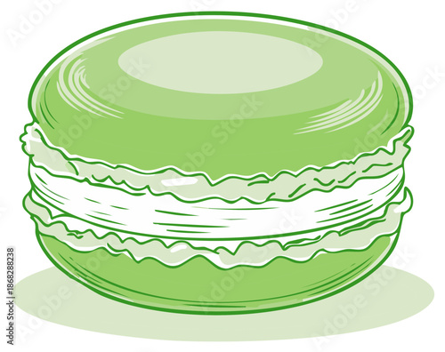 Hand drawn green macaron cookie with white filling and outline art