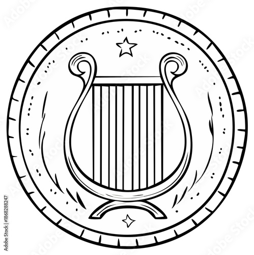 Classic lyre string musical instrument inside circular decorative border with stars outline drawing