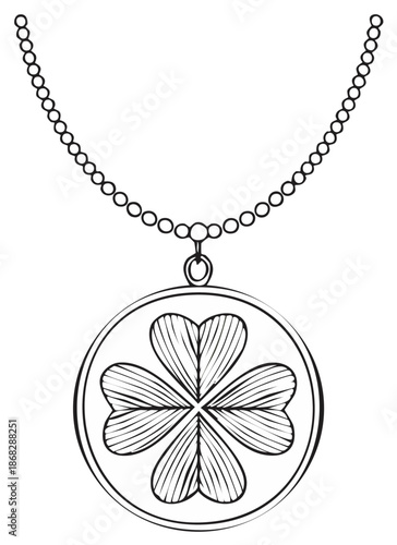 Four leaf clover pendant necklace jewelry line art illustration good luck charm symbol