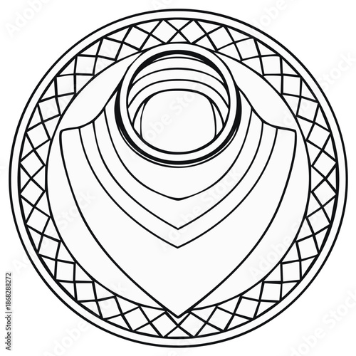 Stylized futuristic circular medallion with intricate geometric line art and symbolic patterns