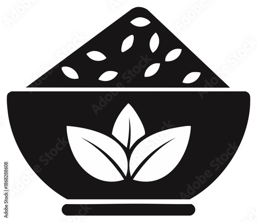 Black and white illustration of a bowl overflowing with seeds and a stylized leaf emblem symbolizing natural ingredients