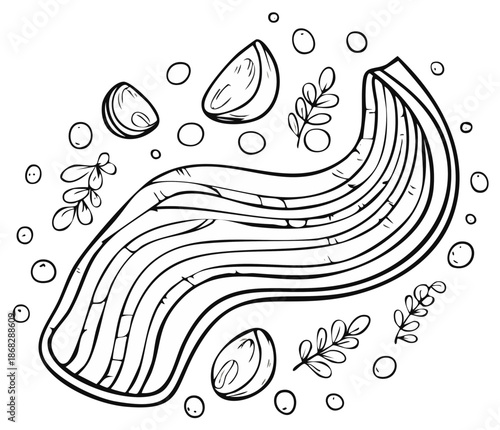 Line art illustration of a raw fish fillet, garnished with fresh herbs and lemon slices