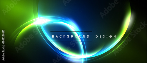 Abstract vibrant design features flowing curves, bright neon colors. Dark background emphasizes luminous energy, modern aesthetic.
