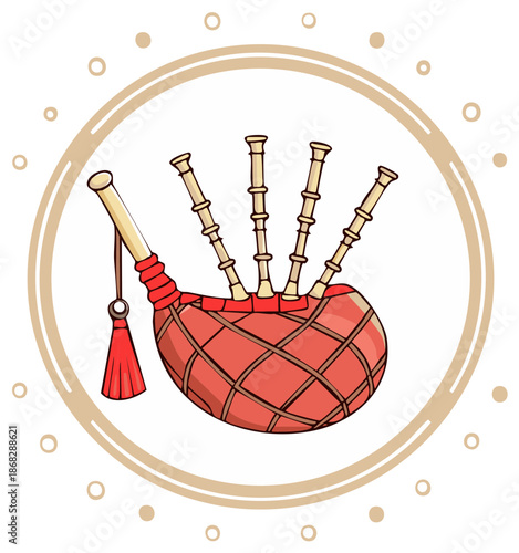 Traditional Scottish Bagpipe Cartoon Illustration in a Decorative Circle
