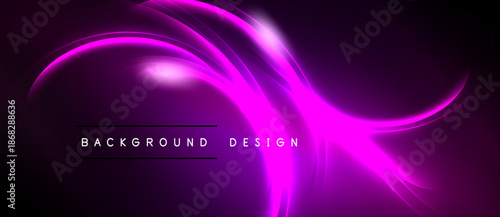 Abstract purple design features flowing neon curves. Dark background enhances vibrant light effects. Modern, dynamic composition.