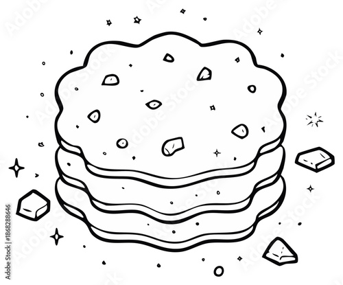 Delicious Chocolate Chip Cookies Stacked High Tempting Dessert Delight Black and White Outline