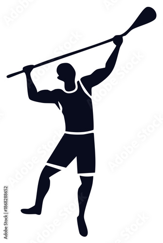 Silhouette of an athlete holding a long paddle preparing for paddling or related sport activity