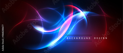 Abstract flowing lights, vibrant blues, reds, pinks. Dark background creates dramatic visual effect. Modern design element.