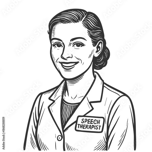 smiling female speech therapist in a lab coat, shown in a vintage sketch style sketch engraving generative ai fictional character vector illustration. Scratch board imitation. Black and white image.