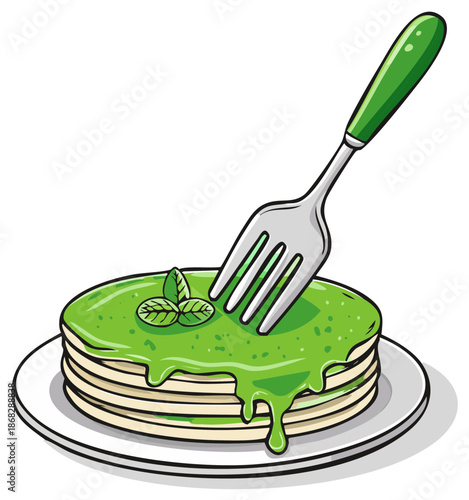 Illustrated stack of breakfast pancakes covered in dripping green sauce with a mint leaf garnish