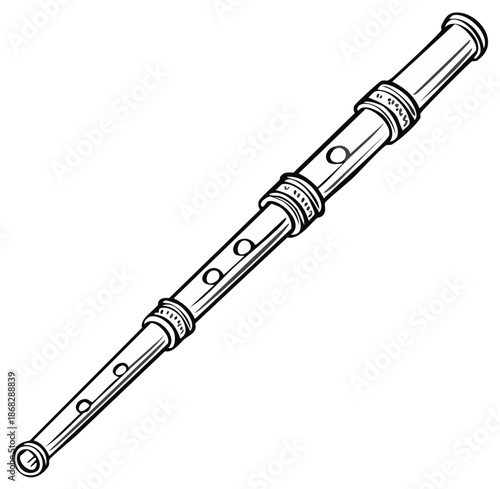 Traditional woodwind instrument black outline drawing classic concert musical flute illustration