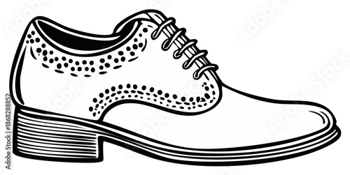 Black and white line art illustration of a classic men's leather brogue dress shoe