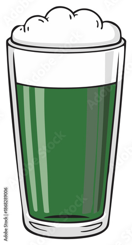 St Patricks Day green beer with a thick foamy head in a clear pint glass cartoon illustration