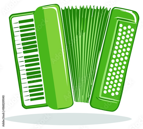 Vibrant green piano accordion musical instrument isolated vector illustration