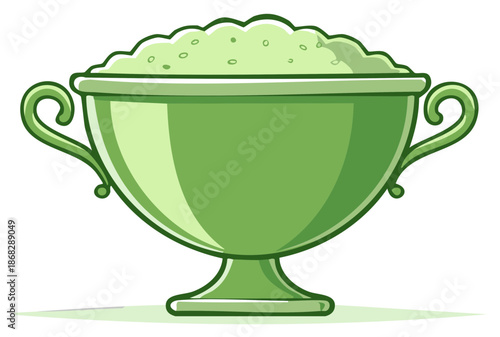 Green cartoon bowl filled with green granular substance for desserts or plants in a cartoon style