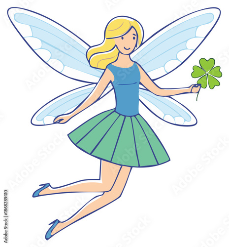 Cute flying fairy with blonde hair holding a four leaf clover for good luck