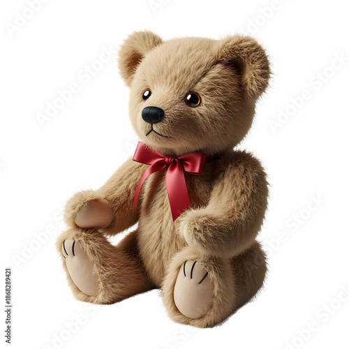 Classic Brown Teddy Bear with Red Bow Sitting isolated PNG with Transparent Background