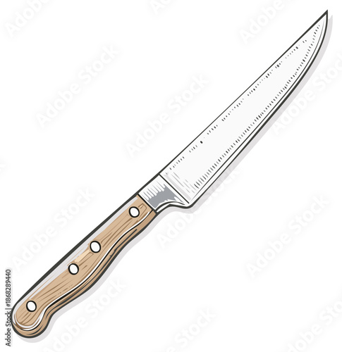 Hand drawn vintage style kitchen knife illustration with wooden handle and sharp metal blade