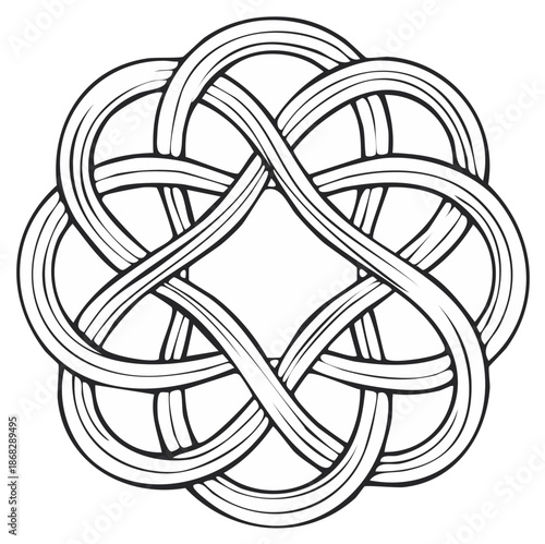 Intricate black and white Celtic knot illustration with a symmetrical interwoven endless pattern