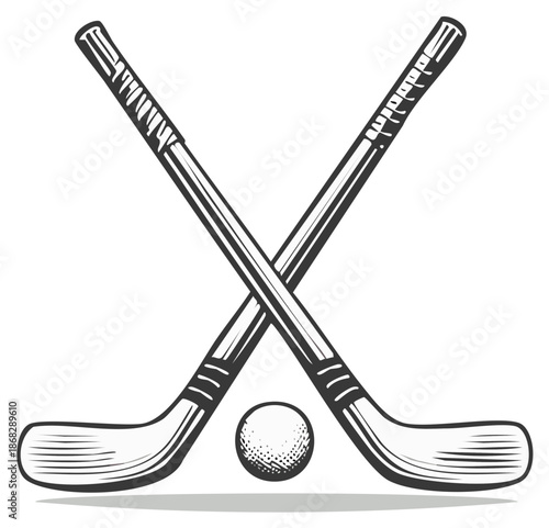 Vintage Field Hockey Sticks Crossed with Ball Illustration Classic Sports Equipment Game Symbol