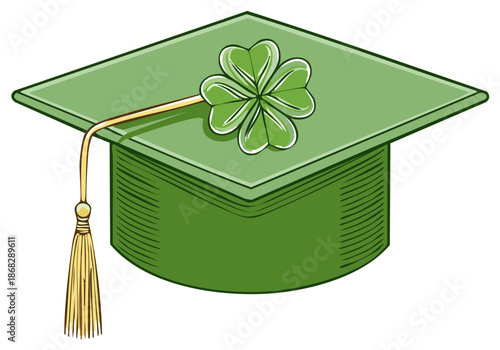 Celebratory Graduation Cap Topped with Lucky Green Shamrock, Tassel and Square Shape