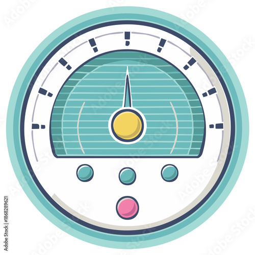 Retro speedometer dial illustration, teal and white color scheme, graphic design