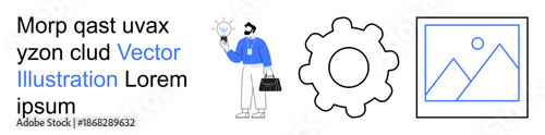 Business growth, innovation, creative thinking, frameworks, technology, entrepreneurship. Person holding lightbulb, gear graphic image frame outline. Innovation and business growth