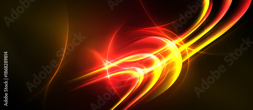 Abstract energy flows, vibrant reds, yellows dominate dark background. Dynamic curves suggest speed, power, illumination.