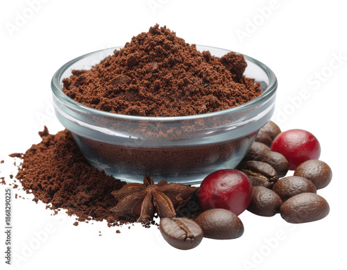 A glass bowl of rich ground coffee is arranged with roasted beans, fresh red coffee cherries, and aromatic star anise.