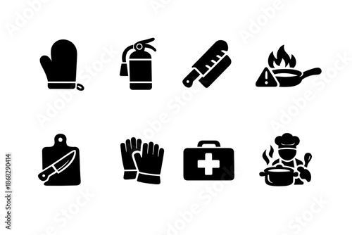 Cooking Safety Icons. Cooking Safety. Filled icon set of Cooking Safety: oven mitt, fire extinguisher, knife