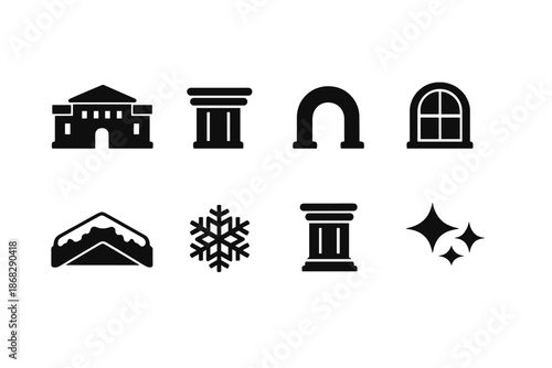 Winter Icon Symmetry. Winter symmetry flat-lay. Filled icon set of winter symmetry flat-lay: building, column,