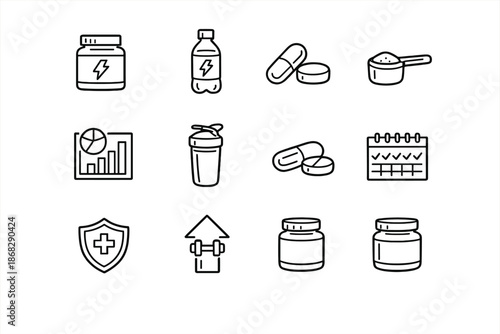 Energy Supplement Icons. Energy Supplements. Line outline icon set of energy supplements: pre-workout jar,