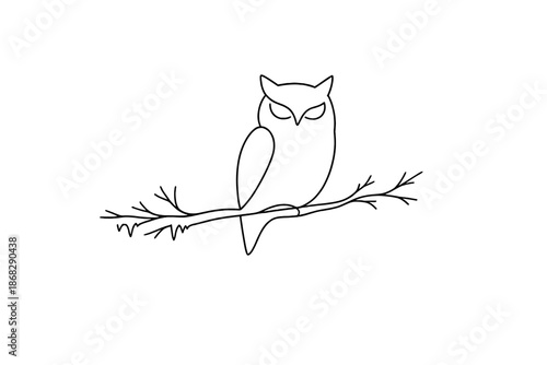 Minimalist Owl Illustration. Minimal owl in frosty tree. Minimalistic one-line drawing simplified owl shape