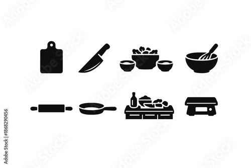 Meal Prep Icons. Meal Preparation Area. Filled icon set of Meal Preparation Area: cutting board, chopping