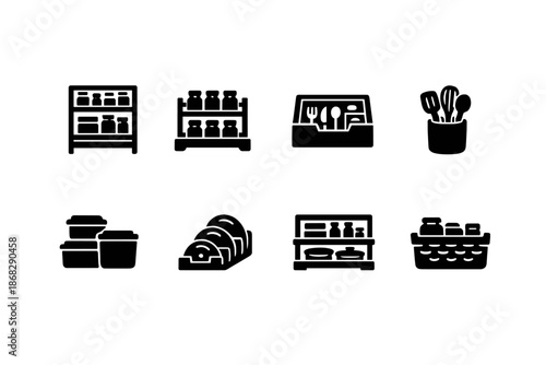 Kitchen Storage Icons. Kitchen Storage. Filled icon set of Kitchen Storage: pantry shelves, spice rack,
