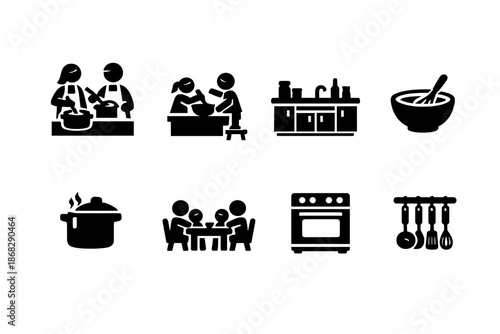 Family Kitchen Icons. Family Kitchen. Filled icon set of Family Kitchen: parents cooking, children helping,