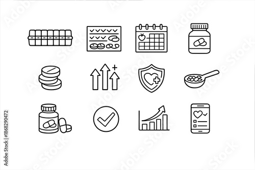 Vitamin Tracking Icons. Vitamin Tracking. Line outline icon set of vitamin tracking: pill organizer, daily