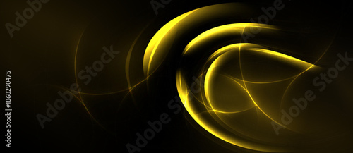 Abstract golden lines swirl, creating dynamic energy. Dark background emphasizes bright curves, offering modern aesthetic.