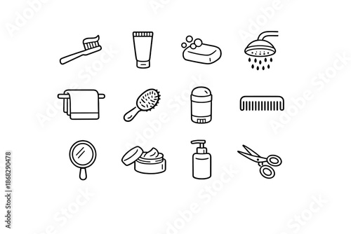 Morning Hygiene Icons. Morning Hygiene. Line outline icon set of morning hygiene: toothbrush, toothpaste, soap
