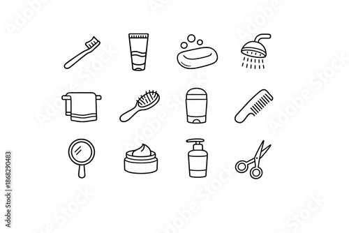 Morning Hygiene Icons. Morning Hygiene. Line outline icon set of morning hygiene: toothbrush, toothpaste, soap