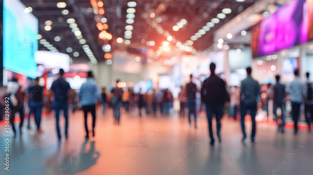 Fototapeta premium Engaging public trade show event exhibition hall business gathering blurred background dynamic environment networking concept