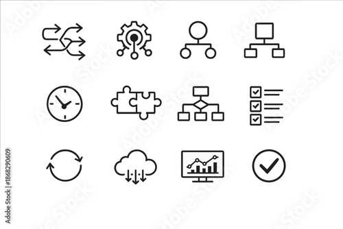 Workflow Automation Icons. Workflow Automation. Line outline icon set of workflow automation: workflow arrows,