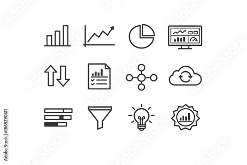 Data Visualization Icons. Data Visualization Tools. Line outline icon set of data visualization tools: bar