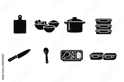 Meal Prep Icons. Meal Prep. Filled icon set of Meal Prep: chopping board, ingredient bowls, cooking pot, meal