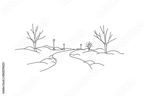 Minimalist Park Path. Snowy walking path in city park. Minimalistic one-line drawing snow-covered urban park