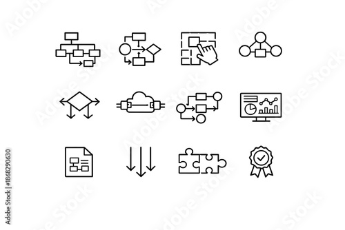 Visual Programming Icons. Visual Programming. Line outline icon set of visual programming: block diagram,