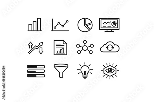 Data Visualization Icons. Data Visualization Tools. Line outline icon set of data visualization tools: bar