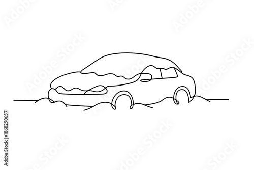 Minimalist Snow-Covered Car. Car in snowy parking lot. Minimalistic one-line drawing vehicle covered with snow