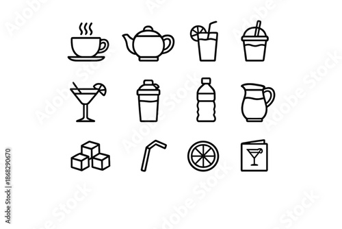 Beverage Icons Collection. Beverage Recipes. Line outline icon set of beverage recipes: coffee cup, tea pot,