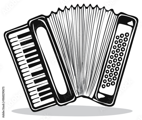 Accordion Instrument Black and White Vector Illustration Musical Keyboard Button Box Wind Instrument Squeezebox